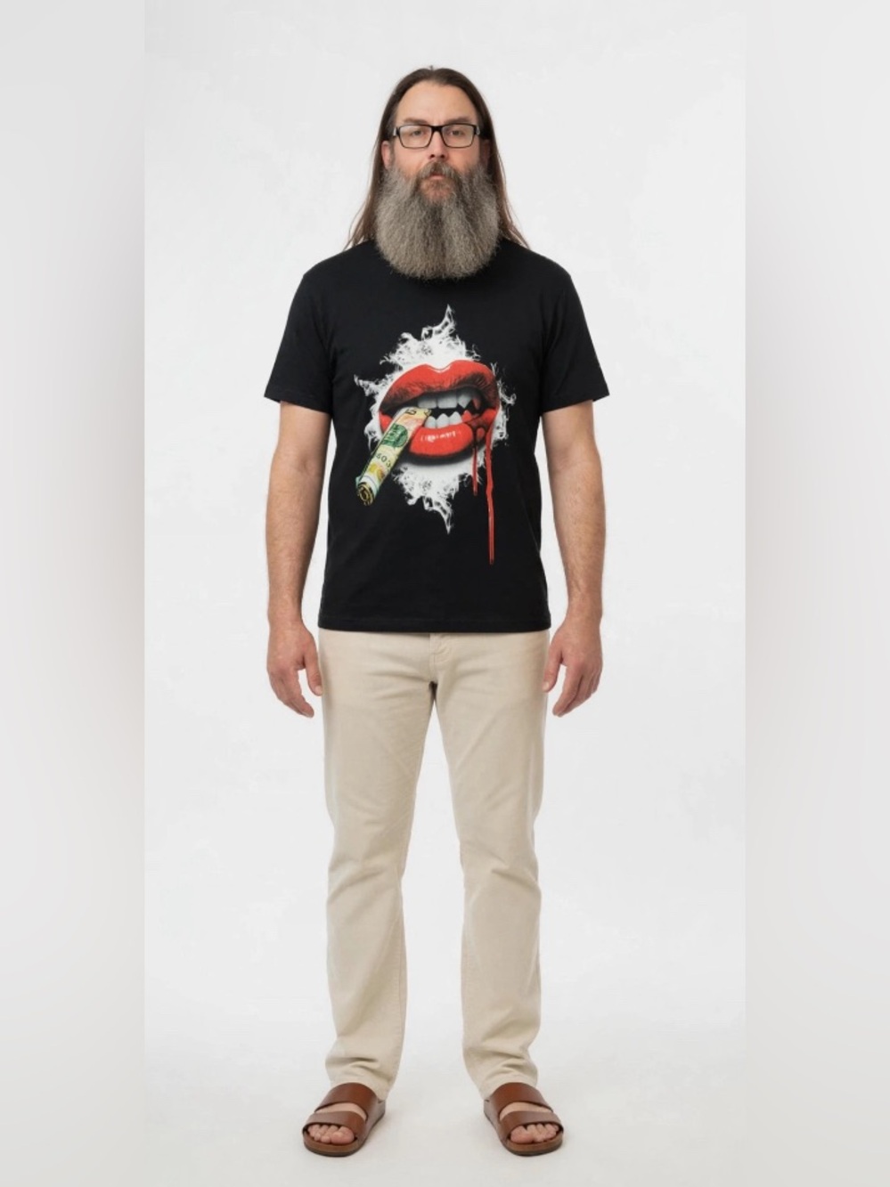 Edgy Black T-Shirt with Red Lips and Money Graphic
